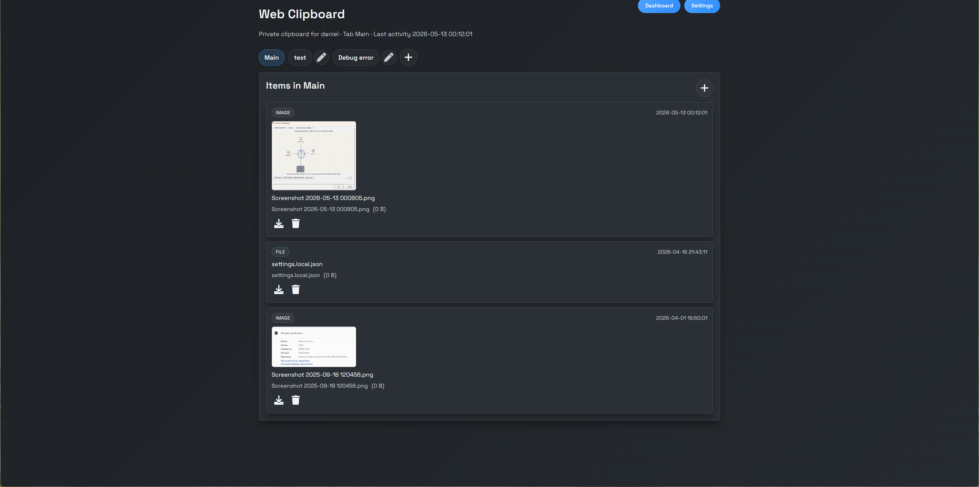 EtherWaver Web Clipboard — dashboard