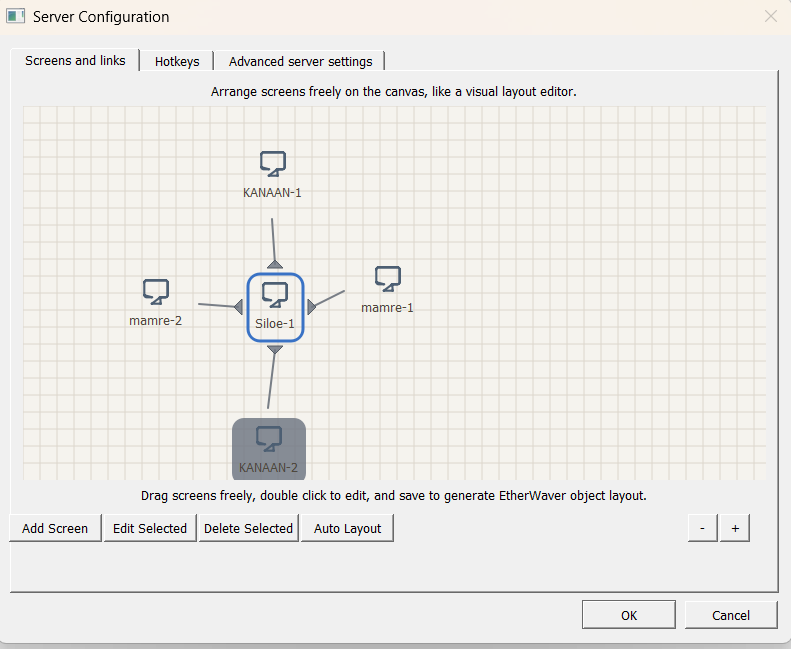 EtherWaver Server Configuration — screen layout editor
